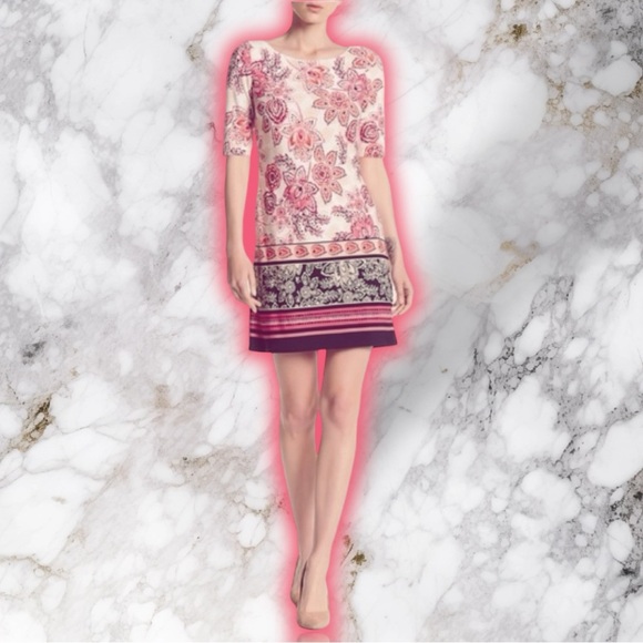 NWOT Eliza J Red & Pink Floral Paisley 3/4 Sleeve Jersey Knit Shift Dress Size 8 - Picture 1 of 12